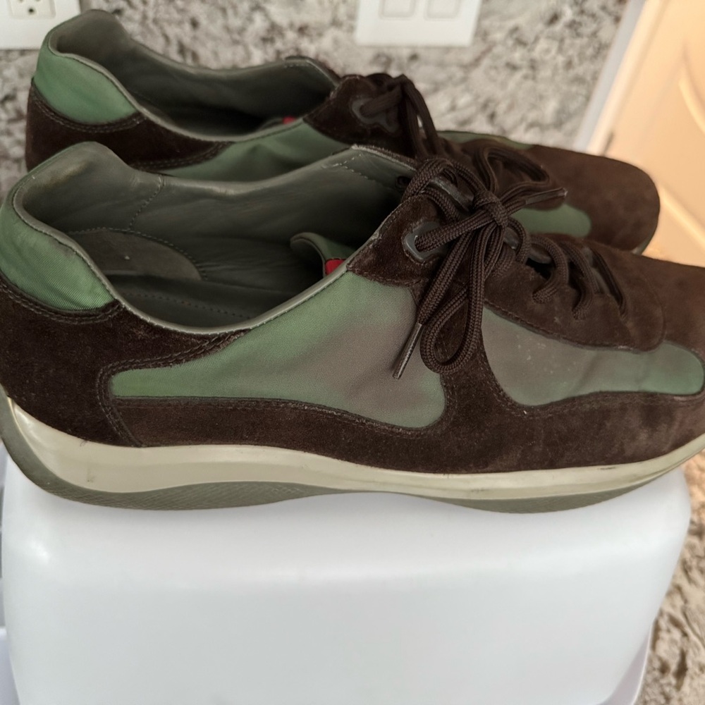 Prada Brown and Green Suede Sneakers